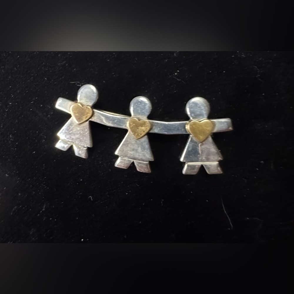 Vintage Naldo Signed 3 Kids Paper-Mâché Two Tone Sterling Silver Brooch ~ 6.8g
